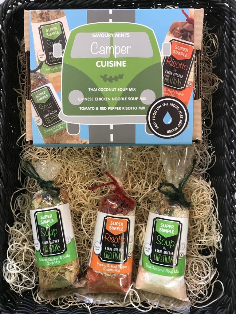 Box of 3 packs of soup and risotto each making 2 portions, just add water. Cook in 30 mins or less. One pot camping meals.